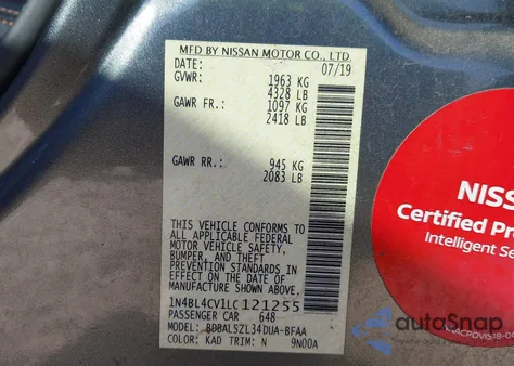 2020 Nissan Altima Sr Fwd z USA, uszkodzony, nr VIN 1N4BL4CV1LC121255